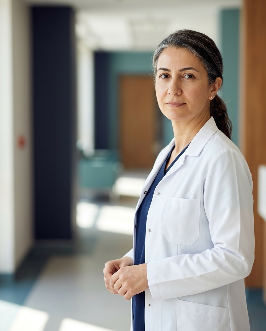 Prof. Dr. Selin Aydın, muayenehane koridorunda beyaz önlüğüyle ayakta.